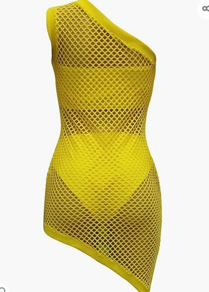 Allasfun Sexy Fishnet Mesh One Shoulder Midi Dress in Yellow  Size L - Picture 4 of 8